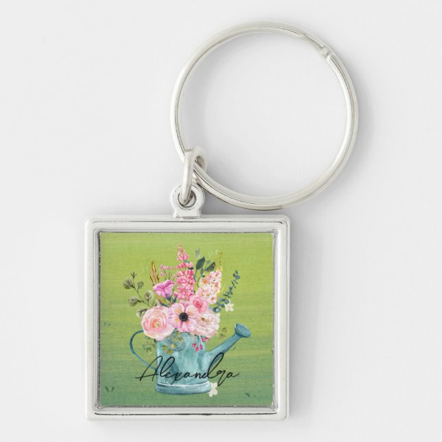 Elegant botaniskt monogrammat Grey och blommigt Fyrkantig Silverfärgad Nyckelring (Framsidan)