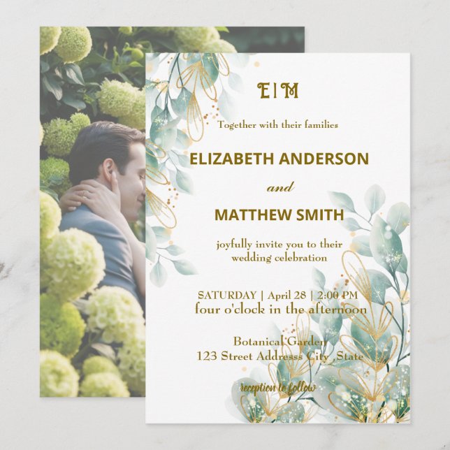 Elegant Botaniskt par, strålfoto bröllop Inbjudningar (Fram/baksida)