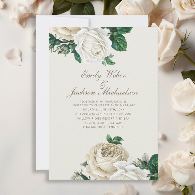 Elegant Botaniskt Ro Vita Blommigten Cream Bröllop Inbjudningar (Elegant white vintage roses and greenery wedding invitation)