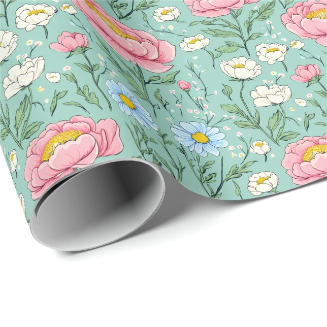 Elegant Botaniskt Rosa Peony-Blommönstret Presentpapper (Rullad Hörn)