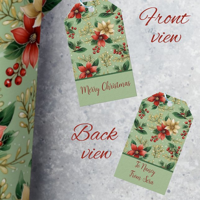 Elegant Botaniskt rött och Grönt Poinsettia Presentetikett (Skapare uppladdad)