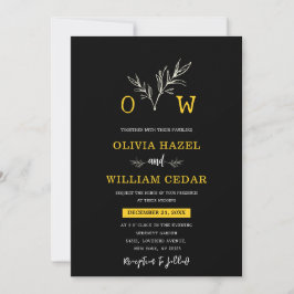 Elegant Botaniskt svart och Guld Monogram Bröllop Inbjudningar
