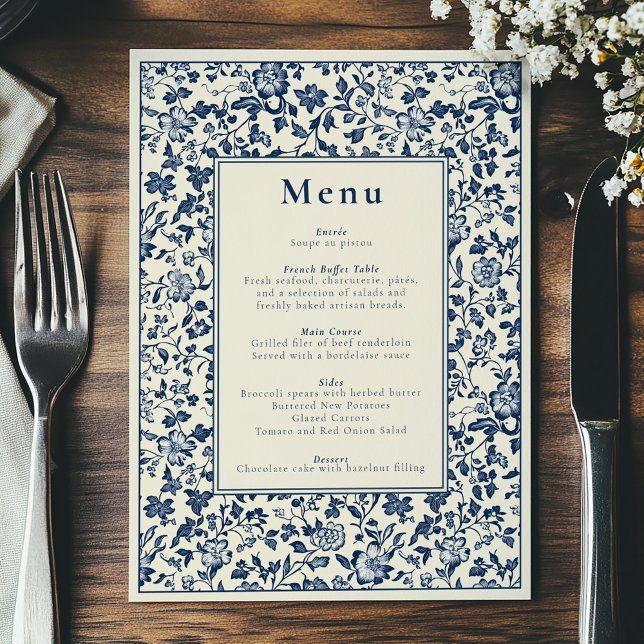 Elegant, botaniskt temad blått meny och gräddmeny (Botanical-themed menu, classic and timeless celebration. Delftware style antique border.)