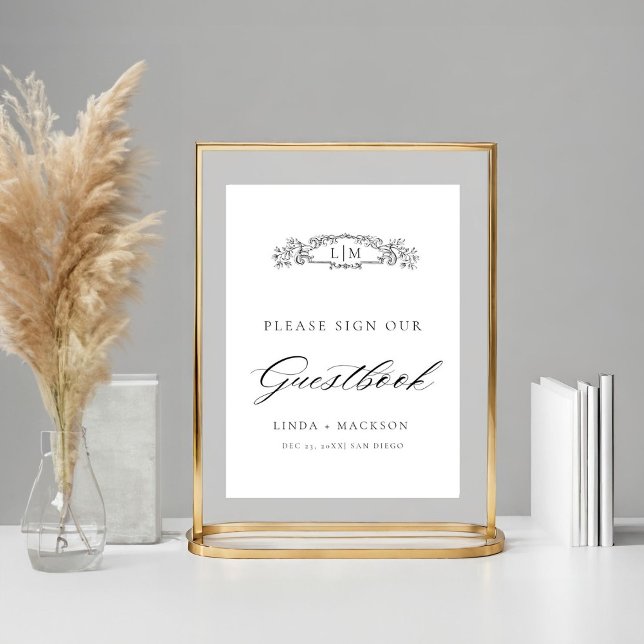 Elegant botaniskt vapensköld monogram bröllop Gues Poster (Skapare uppladdad)