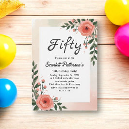 Elegant Botaniskt vattenfärgad Blommigt 50:e födel Inbjudningar