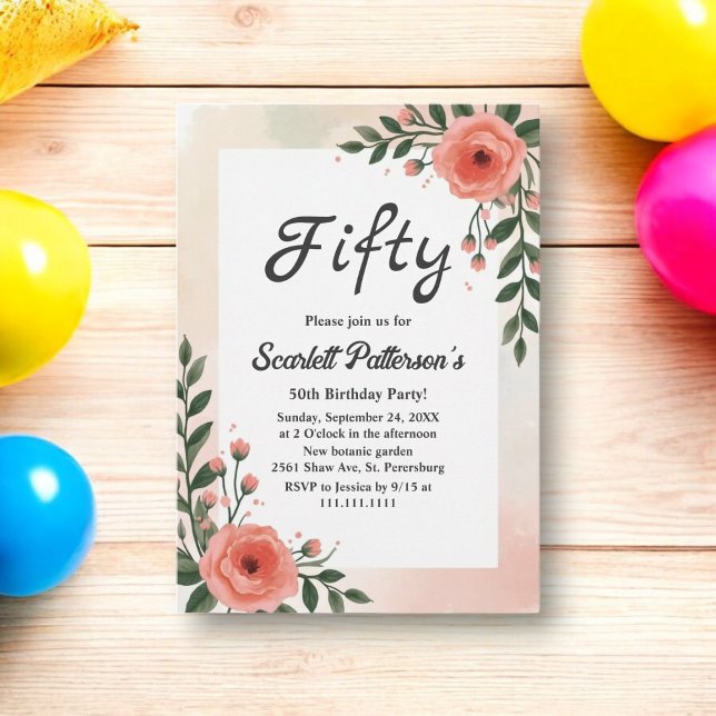Elegant Botaniskt vattenfärgad Blommigt 50:e födel Inbjudningar (Skapare uppladdad)