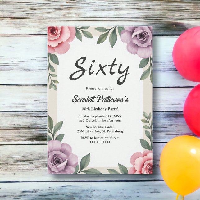 Elegant Botaniskt vattenfärgad Blommigt 60:e födel Inbjudningar (Skapare uppladdad)