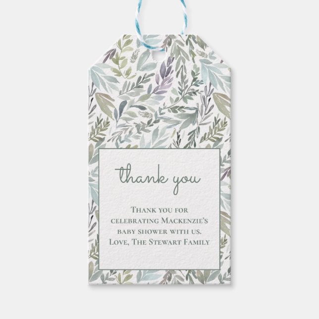 Elegant Botaniskt vattenfärgsbabyskor Presentetikett (Framsidan)