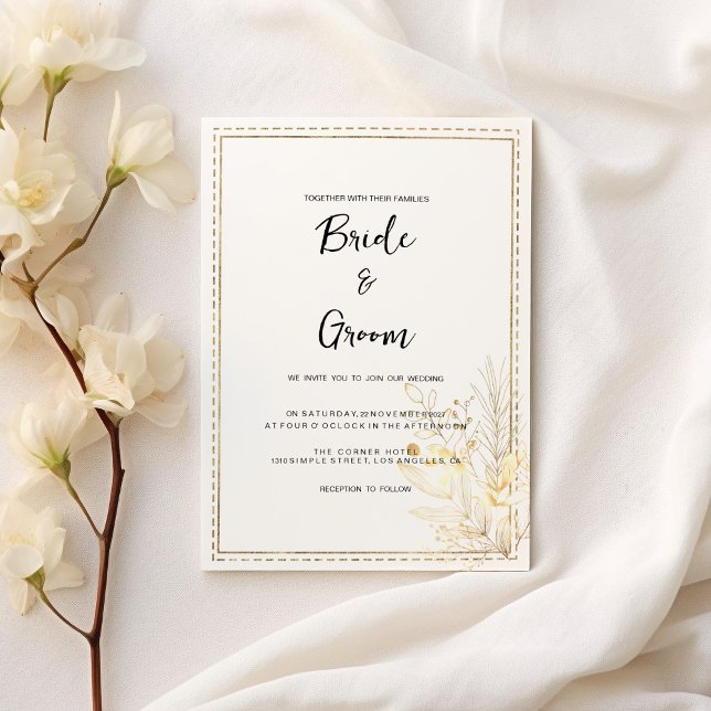 Elegant botaniskt vit guld blommigt Bröllop Inbjudningar (Elegant botanical white gold floral Wedding)