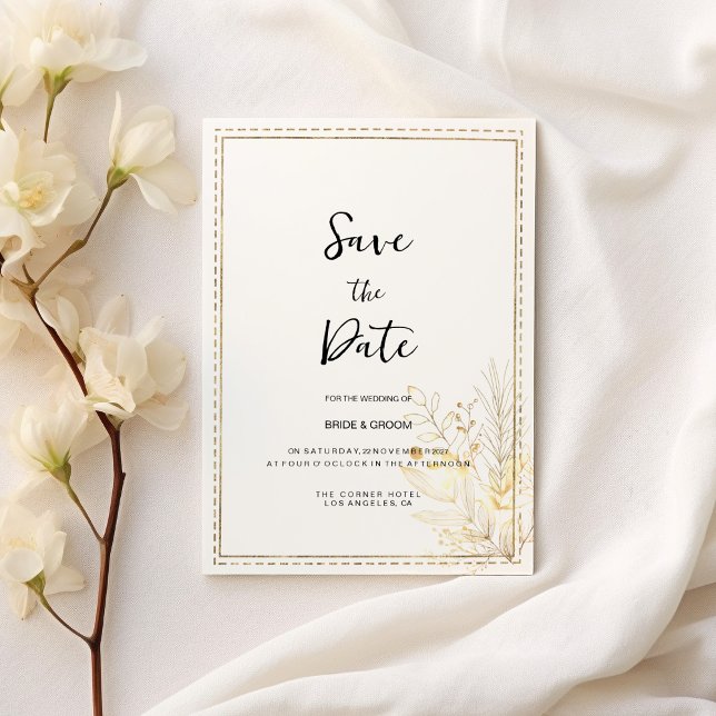 Elegant botaniskt vit guld-blommigt Spara datum Inbjudningar (Elegant botanical white gold floral Save the Date)