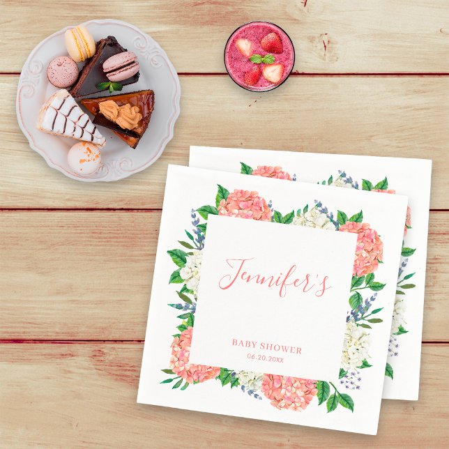 Elegant Botaniskt vit Rosa Hydrangea Baby Shower Pappersservett (Skapare uppladdad)