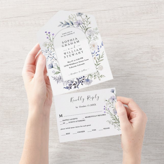 Elegant Botaniskt Watercolor Wildblomma Bröllop (Tearaway)