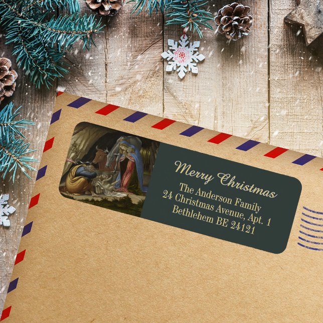 Elegant Botticelli Christian jul Adress Returadress Etikett (Elegant Green Grey Gold Botticelli Religious Christian Catholic Christmas Return Address Label)