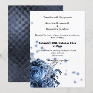 ELEGANT BOUQUET BLOMMIGT BLUE EMBOSSED BRÖLLOP INBJUDNINGAR