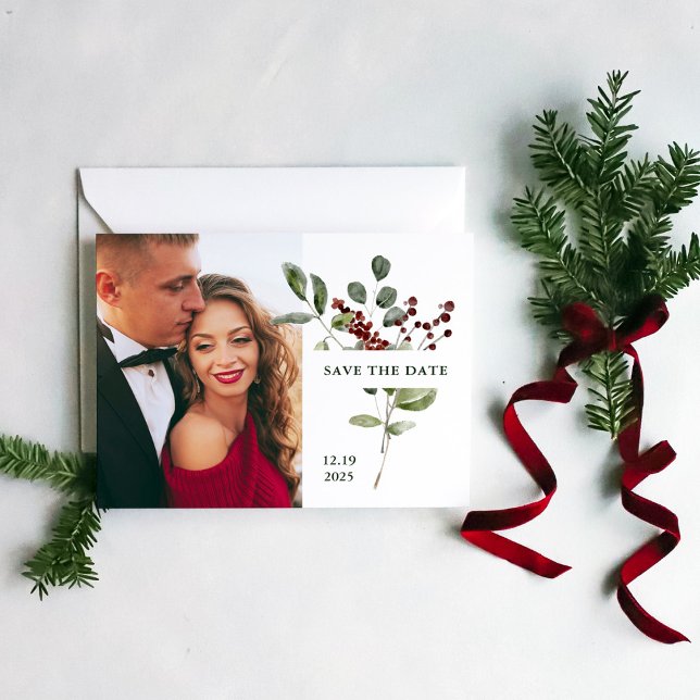 Elegant Bouquet | Helgdag Spara datumet med foto Vykort (A simple and minimalist Christmas holiday wedding save the date with your photo)