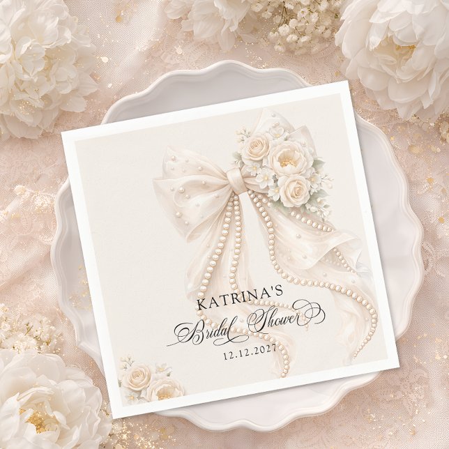 Elegant Bow and Pearl Pastel Bridal Shower Pappersservett (Skapare uppladdad)