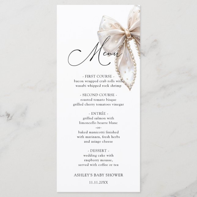 Elegant Bow Baby Shower Menu Meny (Framsida)