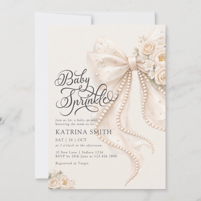 Elegant Bow Baby Sprinkle Floral Girl Baby Shower Inbjudningar (Framsida)
