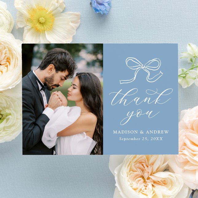 Elegant Bow Blue Photo Bröllop Tack Kort (Skapare uppladdad)
