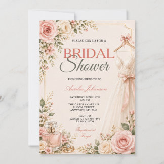 Elegant Bow Bröllopsdusch Rosa Rosor Blommig Klänn Inbjudningar
