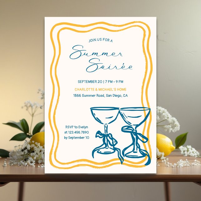Elegant Bow Cocktail Summer Soirée Inbjudningar (Elegant Summer Soirée Invitation – Modern Handwritten Script with Retro Frame & Cocktail Glasses)