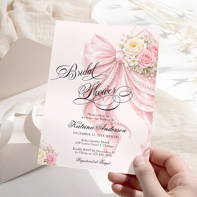 Elegant Bow Floral Blush Pink Bridal Shower  Inbjudningar (Skapare uppladdad)