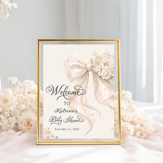 Elegant Bow Floral Girl Baby Shower Welcome Poster (Skapare uppladdad)