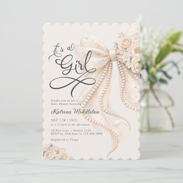 Elegant Bow Floral It's a Girl Baby Shower Inbjudningar (Stående Fram)