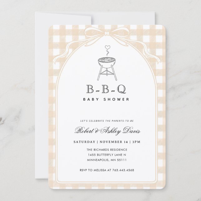 Elegant Bow Gingham Baby Q Baby Shower Inbjudningar (Framsida)
