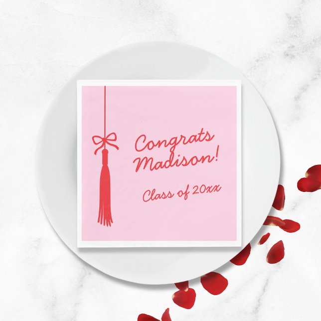 Elegant Bow Grad Tassel Rosa Red 2025 Studenten Pappersservett (Elegant Bow Grad Tassel Pink Red 2025 Graduation Napkins)
