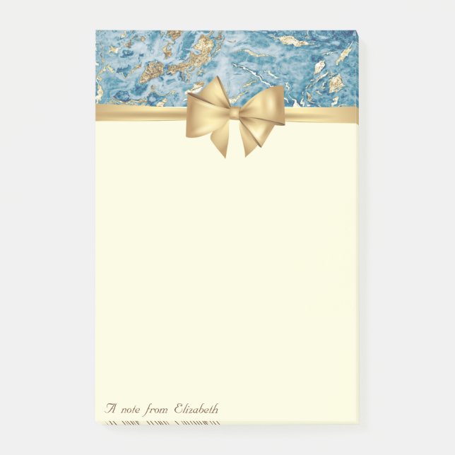 Elegant Bow,Guld Blue Marble Struktur Glitter Post-it Block (Framsida)