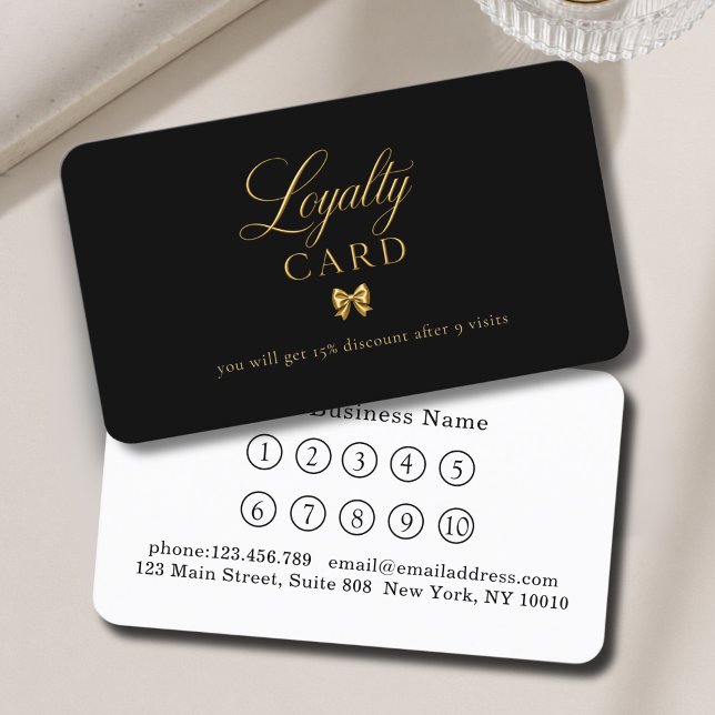 Elegant Bow Guld Svart 10 Loajalitetskort Visitkort (Elegant Bow Gold White 10 Loyalty Cards)