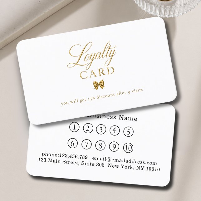 Elegant Bow Guld Vit 10 Loajalitetskort Visitkort (Elegant Bow Gold White 10 Loyalty Card)