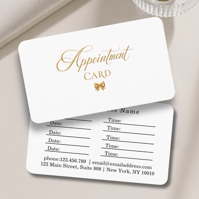 Elegant Bow Guld Vit Salong Tidsbeställning Kort (Elegant Bow Gold White Salon Appointment Card)