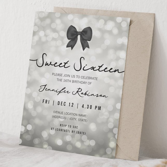 Elegant Bow & Lights Sweet Sixteen Silver på svens Inbjudningar (Elegant Bow & Lights Sweet Sixteen Silver Invitation)