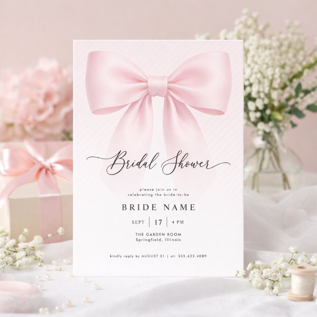 Elegant Bow Modern Script Stripe Bröllopsdusch Inbjudningar (Skapare uppladdad)