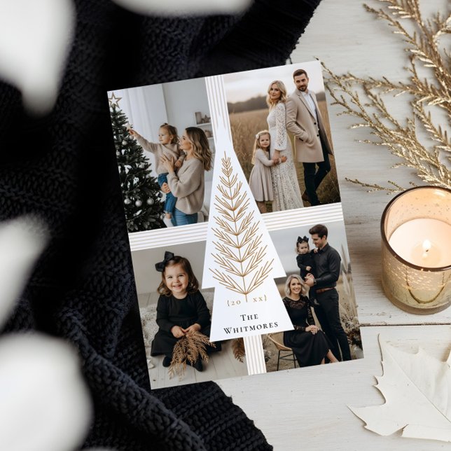 Elegant Bow presenterar Evergreen Träd Photo Colla Julkort (Elegant Bow Present Evergreen Tree Photo Collage Holiday Card)