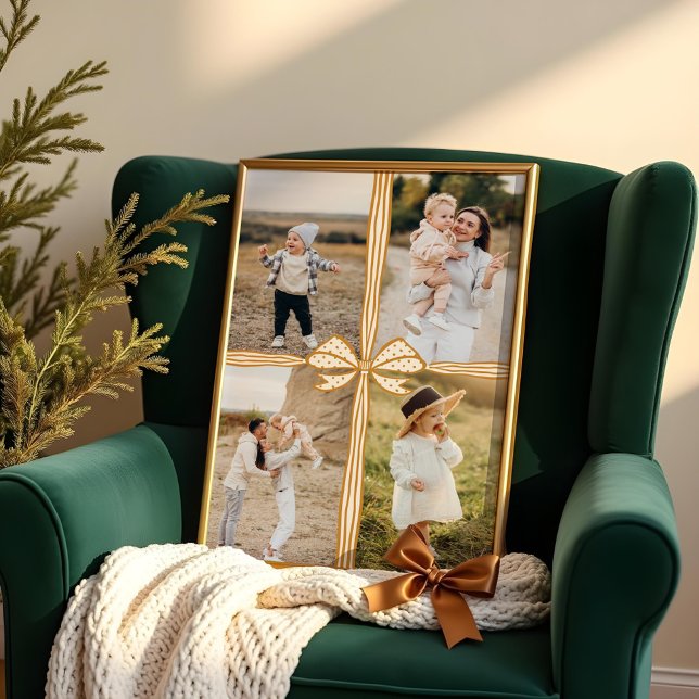 Elegant Bow & Ribbon Present Family Photo Collage Poster (Elegant Golden Bow & Ribbon Present Family Photo Collage Poster)