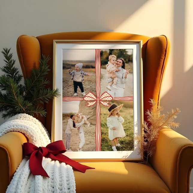 Elegant Bow & Ribbon Present Family Photo Collage Poster (Elegant Red Bow & Ribbon Present Family Photo Collage Poster)