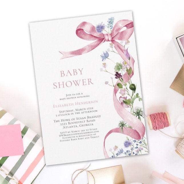 Elegant Bow Ribbon Wildblomme Rosa Baby Shower Inbjudningar (Skapare uppladdad)