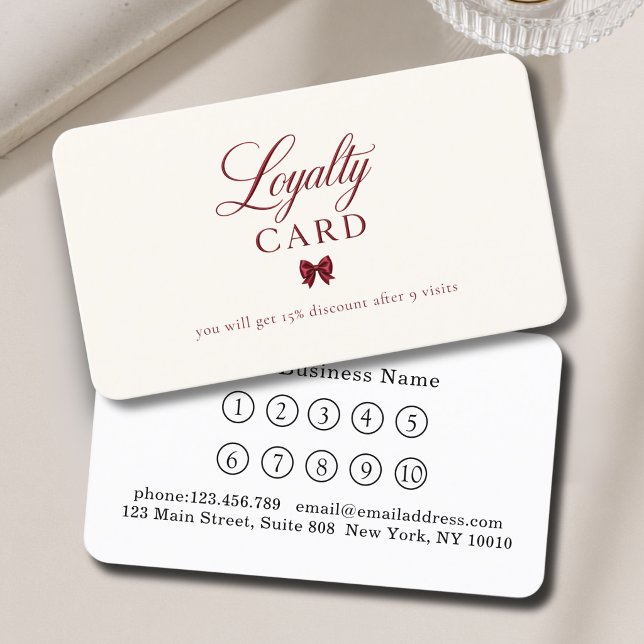 Elegant Bow Röd Beige 10 Lojalitetskort Visitkort (Elegant Bow Red Beige 10 Loyalty Cards)