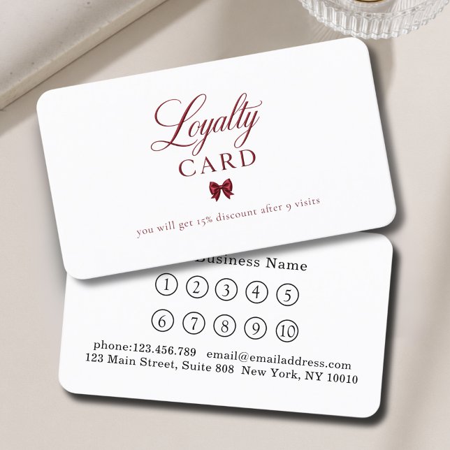 Elegant Bow Röd Vit 10 Lojalitetskort Visitkort (Elegant Bow Red White 10 Loyalty Cards)