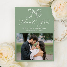 Elegant Bow Sage Grönt Photo Bröllop Tack Kort