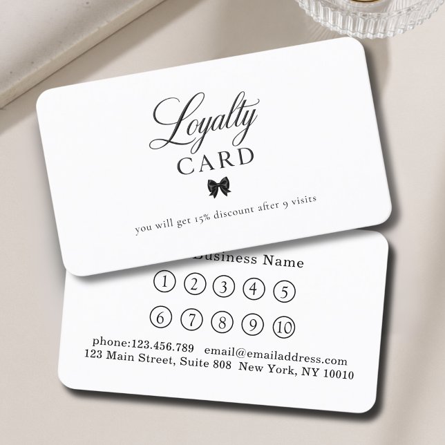 Elegant Bow Svart Vitt 10 Loajalitetskort Visitkort (Elegant Bow Black White 10 Loyalty Cards)