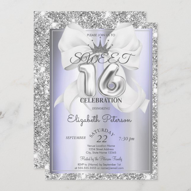 Elegant Bow,Tiara,Violet Silver Glitter Sweet 16  Inbjudningar (Fram/baksida)