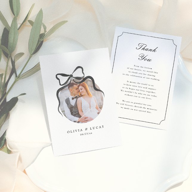 Elegant Bow Whimsical Black & White Photo Bröllop Tack Kort (Skapare uppladdad)