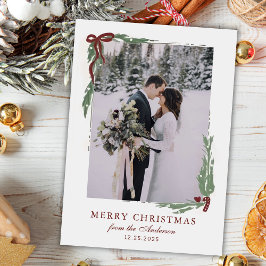 Elegant Bow with Greenery Photo Christmas Julkort