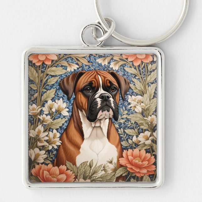 Elegant Boxer Dog William Morris Inspired  Fyrkantig Silverfärgad Nyckelring (Framsidan)