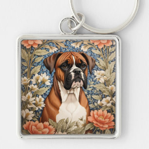 Elegant Boxer Hund William Morris Inspirerad Fyrkantig Silverfärgad Nyckelring