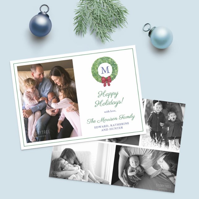 Elegant Boxwood God Jul Foto Collage Julkort (Festive wreath with red bow Merry Christmas holiday cards, featuring monogram & family photo collage)